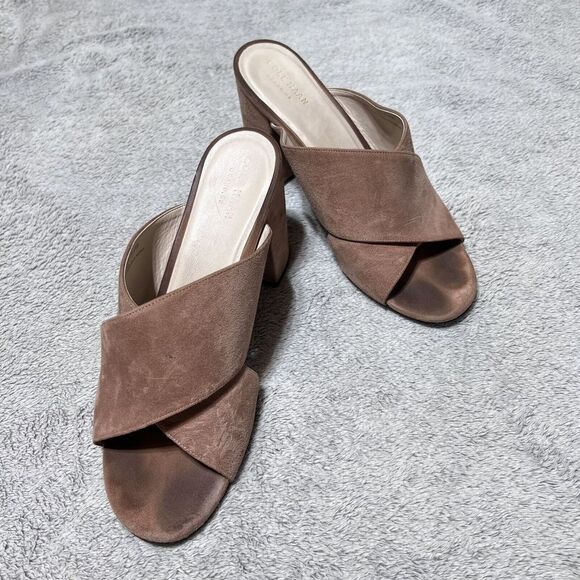 Cole Haan Suede Gabby Sandal Heeled Mules Womens 8.5 Mocha Mousse Nude Open Toe - Picture 1 of 11